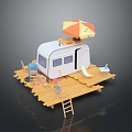 Leisure Camper Van On Wooden Platform With Umbrella Slide And Chairs