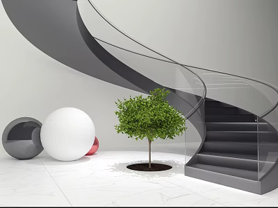 Modern Spiral Staircase With Glass Railing Green Tree Decorative Spheres And White Marble Floor 3d model
