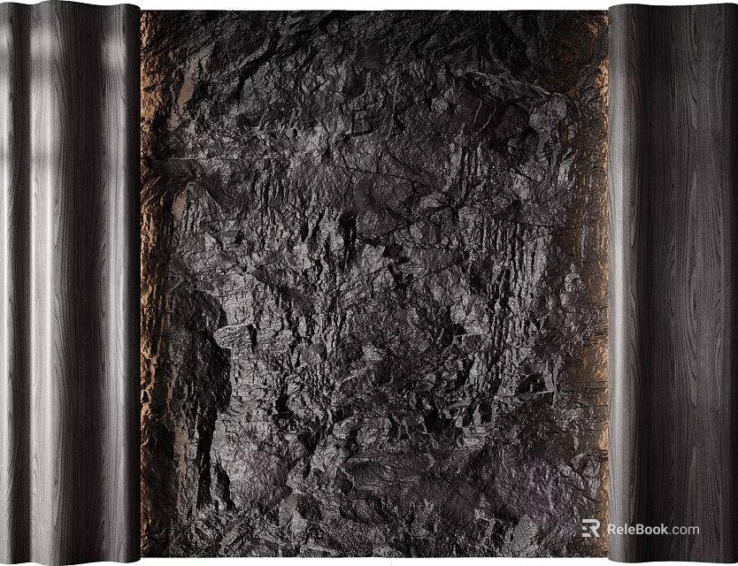 Dark Textured Background Wall With Rough Surface And Wooden Frame Design 3d model 