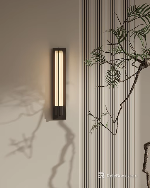 Modern Minimalist Wall Lamp With Vertical Striped Background And Decorative Branch Shadow 3d model 