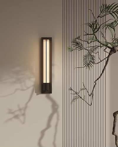 Modern Minimalist Wall Lamp With Vertical Striped Background And Decorative Branch Shadow 3d model