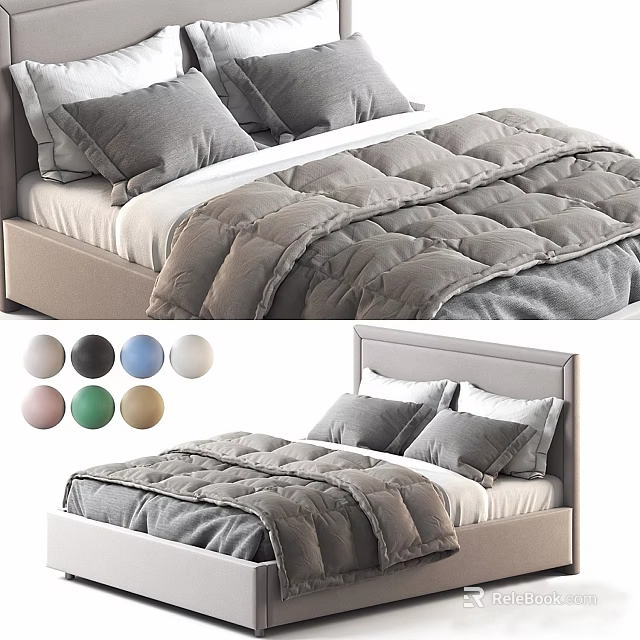 Double Bed with Gray Quilt Pillows and Light Colored Headboard in Multiple Color Options 3d model 