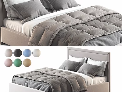 Double Bed with Gray Quilt Pillows and Light Colored Headboard in Multiple Color Options 3d model