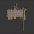 Ancient Architectural Scene Component With Stone Wall Wooden Stairs Crane Tiled Roof And Hanging Vessels