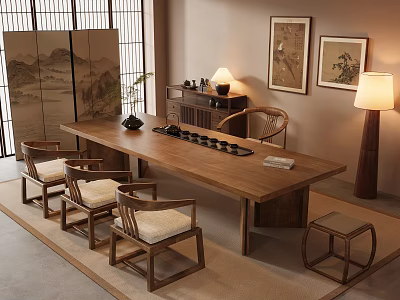 Traditional Tea Room Interior With Wooden Long Table Chairs Screen And Framed Paintings 3d model