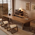 Traditional Tea Room Interior With Wooden Long Table Chairs Screen And Framed Paintings