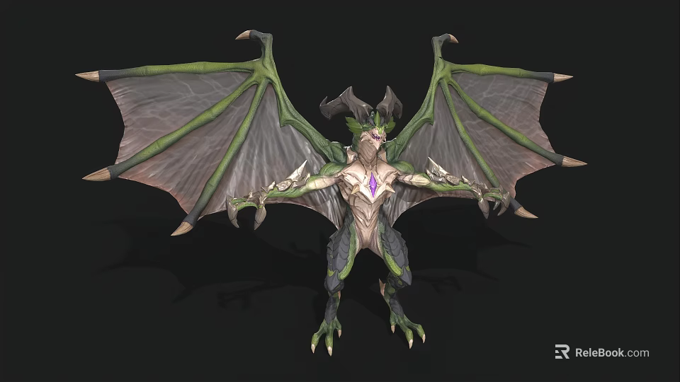 Fantasy Dragon Creature With Green Gray Scales Large Wings And Purple Chest Gem 3d model 