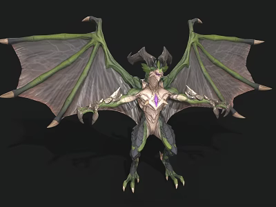 Fantasy Dragon Creature With Green Gray Scales Large Wings And Purple Chest Gem 3d model