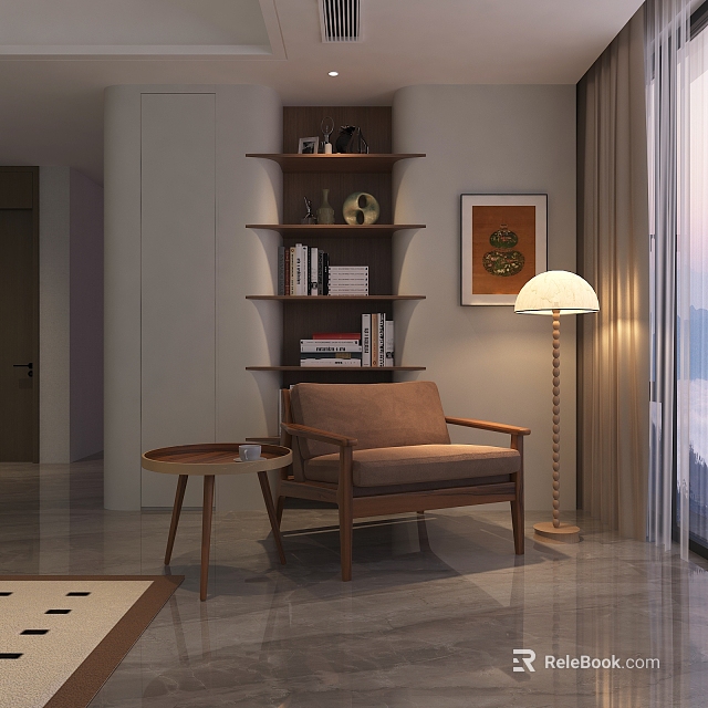 Cozy Home Balcony With Brown Armchair Small Round Table Tiered Bookshelf Books Decorations And Floor Lamp 3d model 