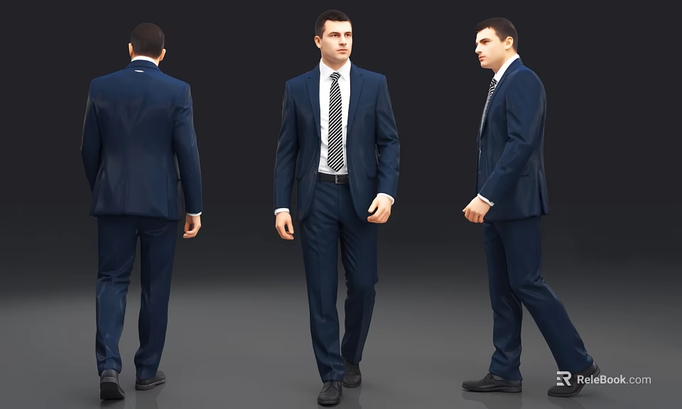 Man Wearing Dark Blue Formal Suit With Tie From Three Angles 3d model 