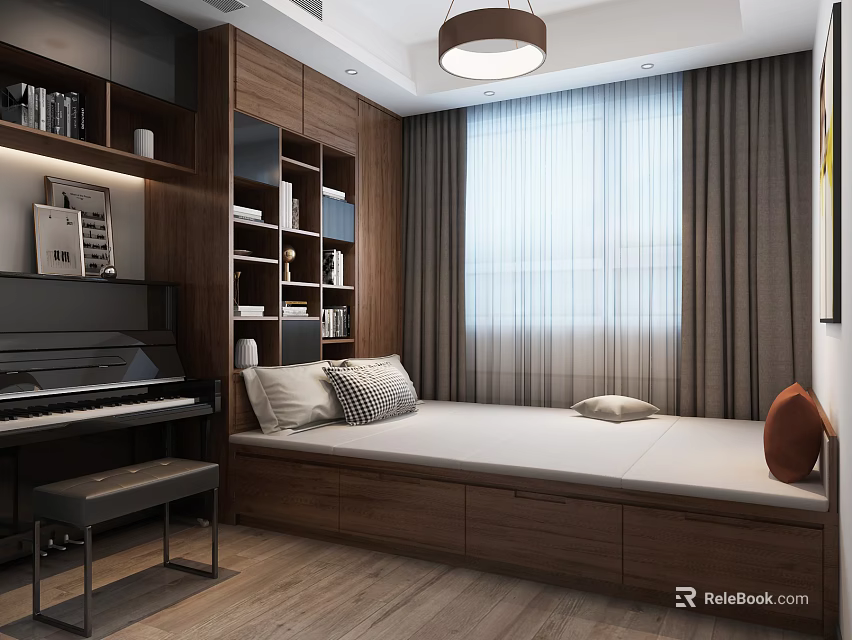 Tatami Bedroom With Wooden Storage Piano Bookshelves Window And Curtains 3d model 