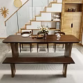 Modern Wooden Dining Table Set with Chairs Bench Fruit Vase and Cutlery
