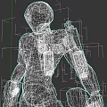 Game And Movie Character In Futuristic Cybernetic Armor With Red Black And Neon Blue Lights