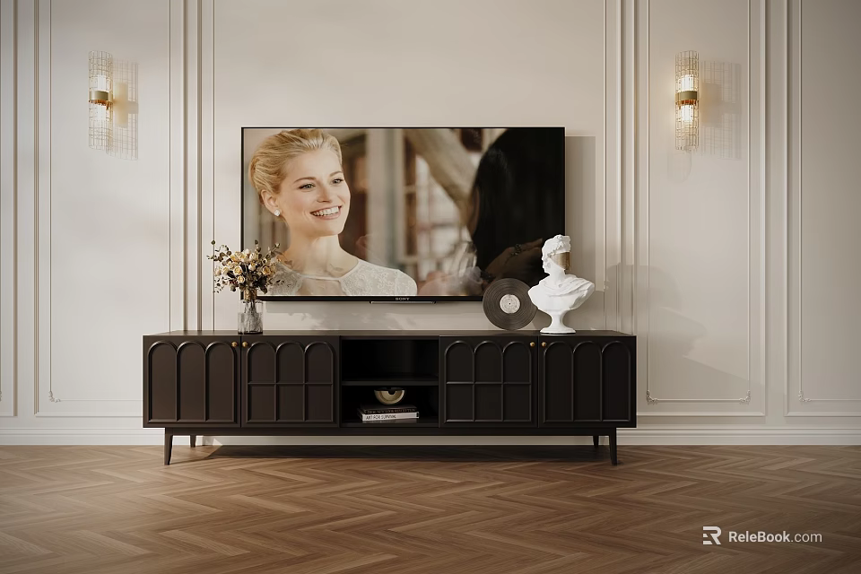 Elegant Dark TV Stand With TV Vase Flowers White Sculpture And Vinyl Record 3d model 