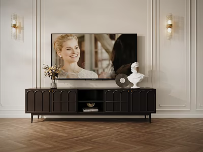 Elegant Dark TV Stand With TV Vase Flowers White Sculpture And Vinyl Record 3d model