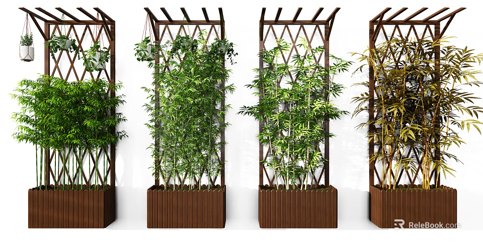 Wooden Lattice Trellis Garden Decor With Various Green Plants Bamboo And Vines In Planters 3d model 