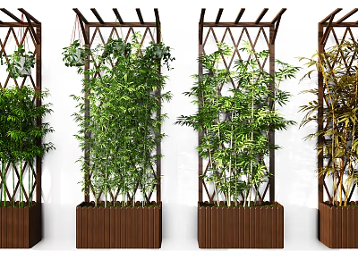 Wooden Lattice Trellis Garden Decor With Various Green Plants Bamboo And Vines In Planters 3d model