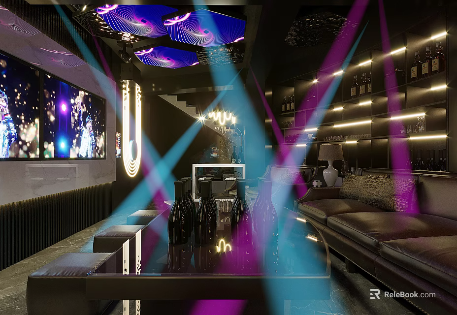 Modern KTV Interior With Purple Blue Lighting Leather Sofa And Big Screen 3d model 