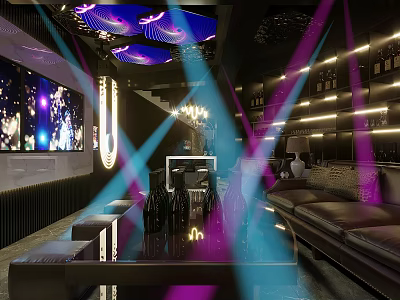 Modern KTV Interior With Purple Blue Lighting Leather Sofa And Big Screen 3d model