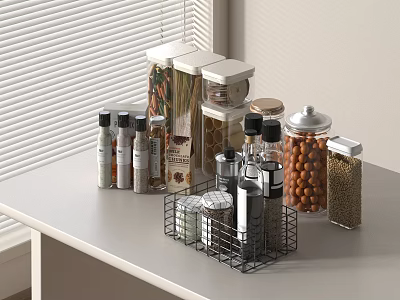 Organized Kitchen Counter with Spice Jars Pasta Nuts and Storage Containers 3d model
