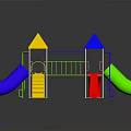 Colorful Children's Playground Structure With Multi Colored Conical Tops Slides And Climbing Elements
