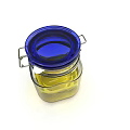 Transparent Glass Condiment Bottle with Blue Lid and Yellow Olive Oil for Kitchen Storage