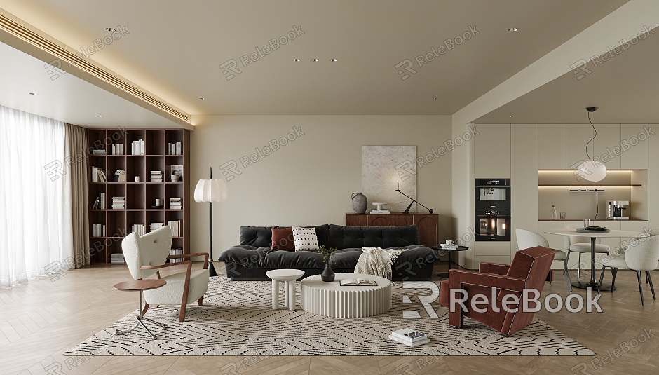 Cream Style Sofa Coffee Table Combination Multi-person Sofa Sofa Curved Sofa Round Mother and Mother Coffee Table Single Sofa Chair Floor Lamp Dining Table and Chair Combination Dining Side model