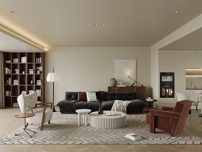 Modern Living And Dining Room Interior Design With Black Sofa Armchair Patterned Rug And Bookshelf 3d model