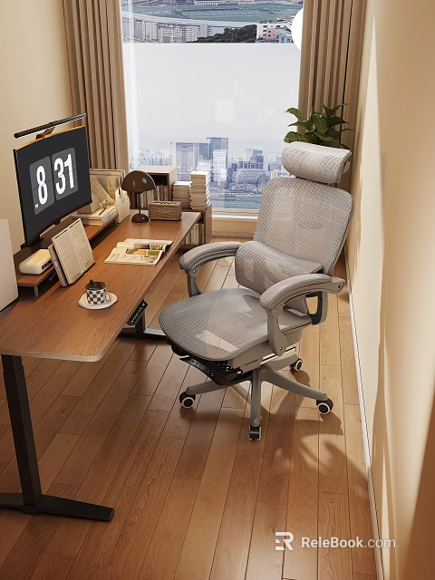 Gray Mesh Ergonomic Office Chair For Comfortable Home Office With Desk And City View 3d model 