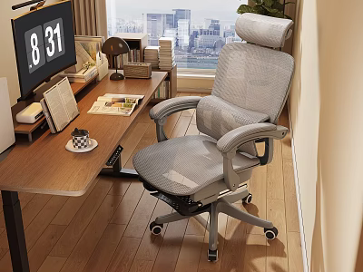 Gray Mesh Ergonomic Office Chair For Comfortable Home Office With Desk And City View 3d model