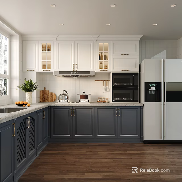 Modern Kitchen Interior Design With White Navy Cabinets Countertop And Appliances On Wooden Floor 3d model 
