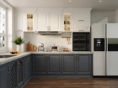 Modern Kitchen Interior Design With White Navy Cabinets Countertop And Appliances On Wooden Floor 3d model