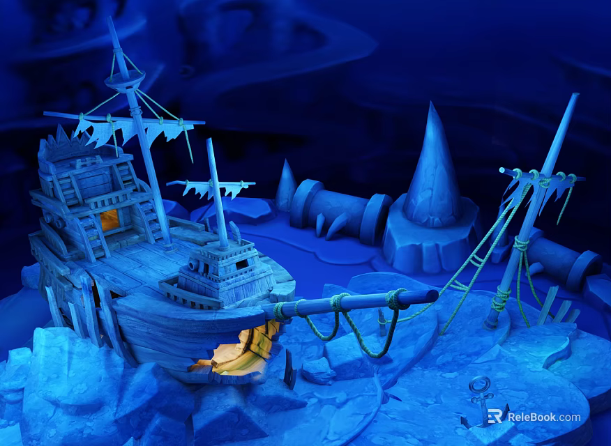 Cartoon Scene Featuring Old Ship in Icy Landscape with Spires Ropes Anchor and Illuminated Windows 3d model 