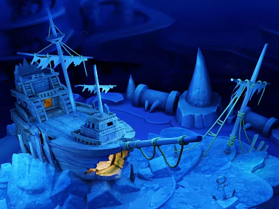 Cartoon Scene Featuring Old Ship in Icy Landscape with Spires Ropes Anchor and Illuminated Windows 3d model