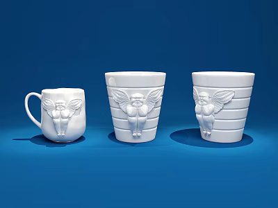 Three White Ceramic Mugs With Carved Cherub Patterns Displayed On Blue Background 3d model