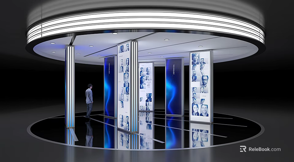 Modern Exhibition Booth Design With Curved Lighting Reflective Floor And Display Panels Featuring Blue Tones 3d model 