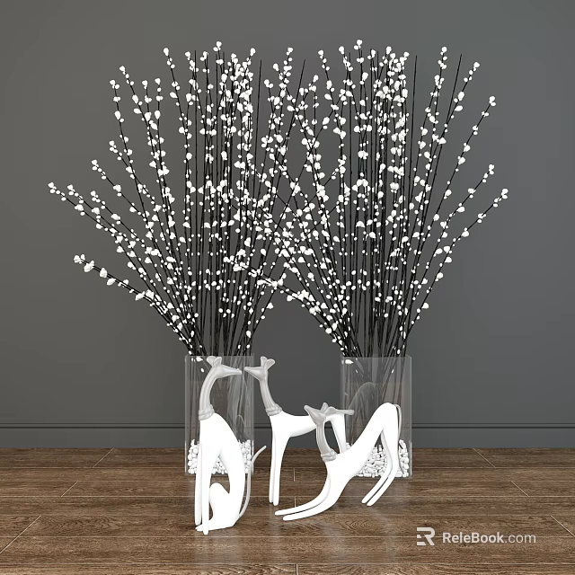 Transparent Vases With White Flowering Branches And Deer Decorations On Wooden Floor Gray Wall 3d model 