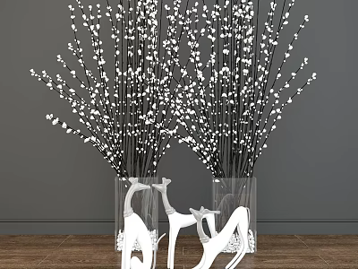 Transparent Vases With White Flowering Branches And Deer Decorations On Wooden Floor Gray Wall 3d model