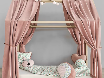 Kids Bed With Pink Canopy Wooden Frame Animal Pillow Heart Cushion And Patterned Bedspread 3d model