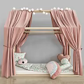 Kids Bed With Pink Canopy Wooden Frame Animal Pillow Heart Cushion And Patterned Bedspread