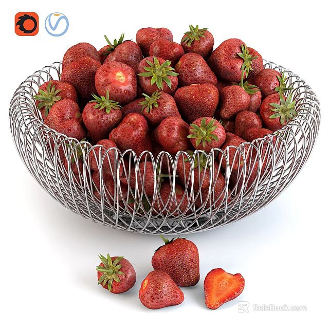 Fresh Ripe Strawberries in Silver Wire Mesh Bowl with Green Leaves and Sliced Pieces Scattered 3d model 