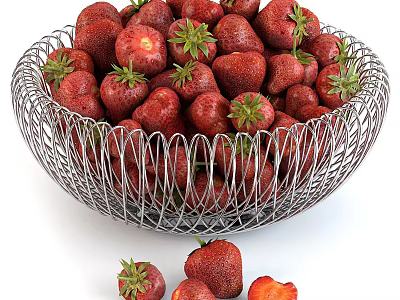 Fresh Ripe Strawberries in Silver Wire Mesh Bowl with Green Leaves and Sliced Pieces Scattered 3d model