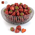 Fresh Ripe Strawberries in Silver Wire Mesh Bowl with Green Leaves and Sliced Pieces Scattered
