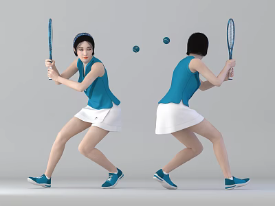 Woman in blue top and white skirt playing tennis with racket and balls 3d model