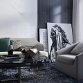 Modern Sofa and Coffee Table Set With Green Patterned Pillows Marble Wall Artwork Accent Chair 3d model