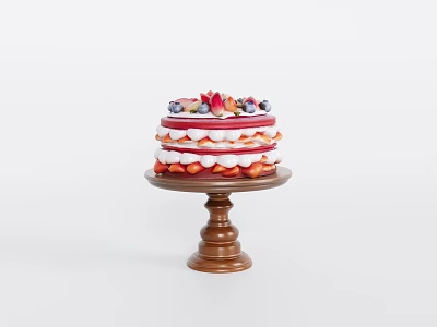 Delicious Layered Cake with Fresh Strawberries Blueberries and Cream on Wooden Cake Stand 3d model
