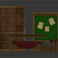 Wooden Dining Table With Red Cushion Bench Stools Bookshelf And Green Board Papers