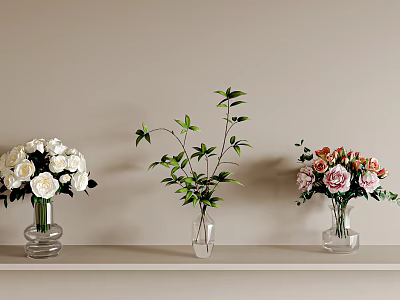 Transparent Glass Vases With White Roses Green Plants And Pink Orange Flowers On Light Shelf 3d model