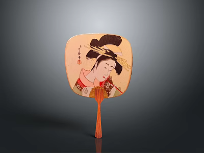 Traditional Square Fan Artwork Featuring Woman in Elegant Traditional Attire and Hair Ornaments 3d model