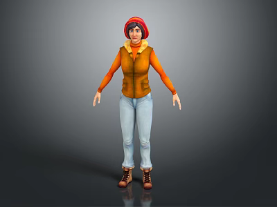 Game and Movie Character Wearing Orange Long Sleeve Shirt Yellow Vest Blue Jeans Brown Boots 3d model
